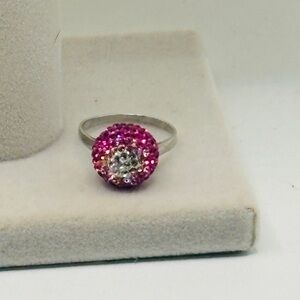 925 Sterling Silver Pink & Clear Crystal Pavé Dome Ring Statement Size 8.75